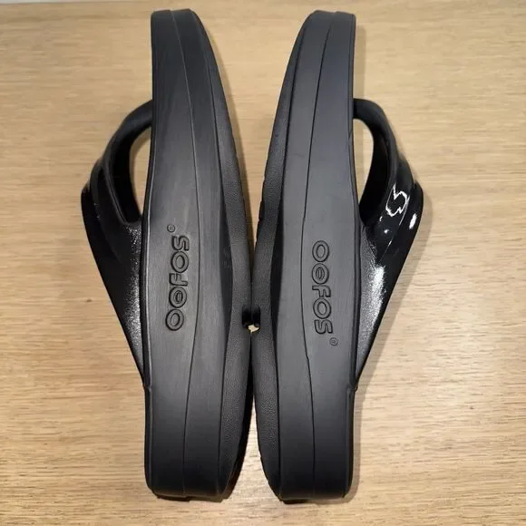 OOFOS OOmega OOlala Women 11 Platform Sandals Black Flip Flops Thong Recovery